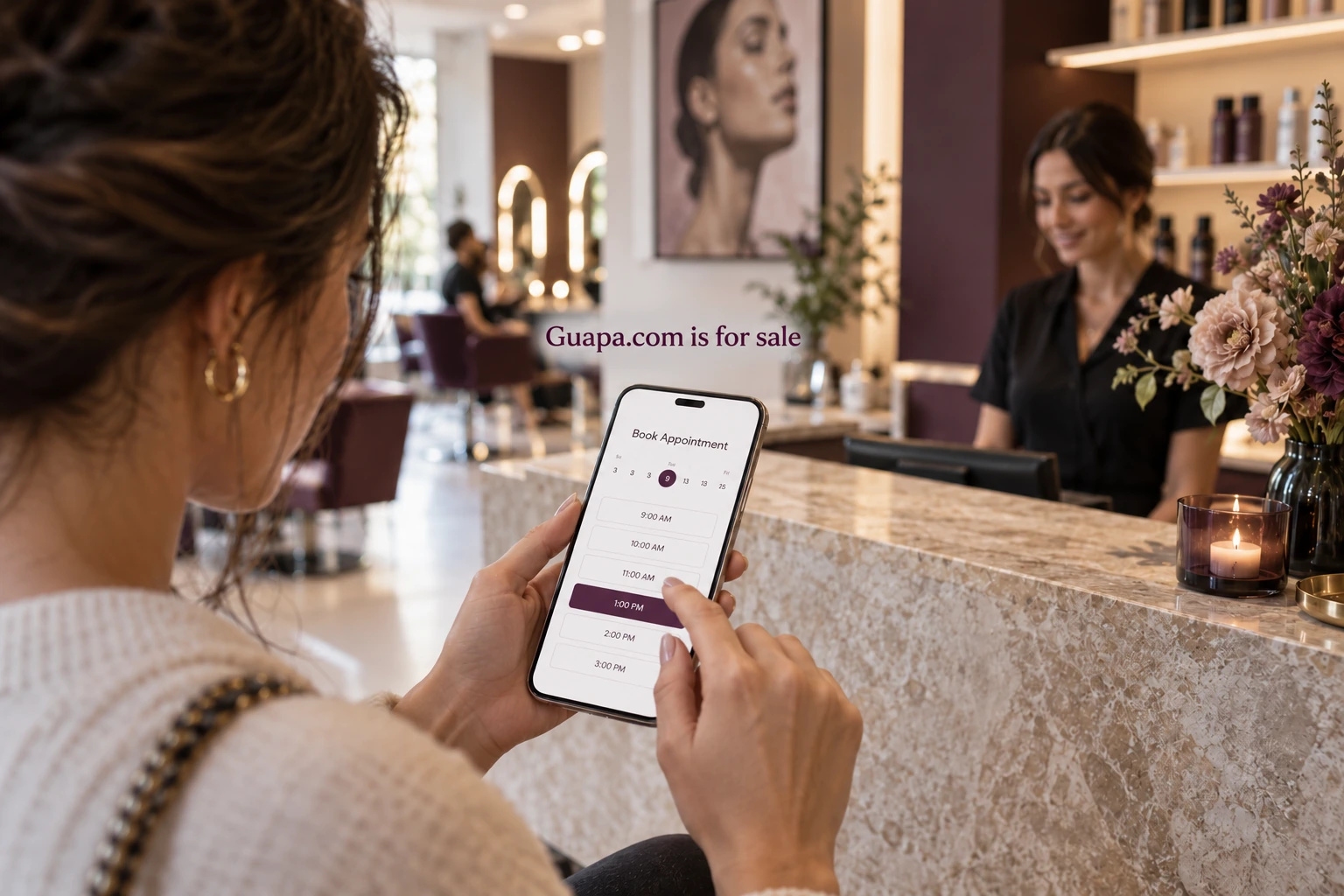 Illustrative find the friction in a salon booking journey scene with Guapa.com branding